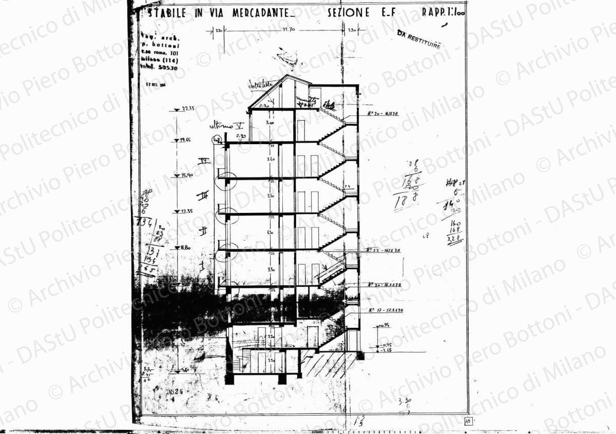 Stabile in via Mercadante, sezione E-F, scala 1:100, 17 settembre 1934. Eliografia su carta, cm 43,2 x33,3.