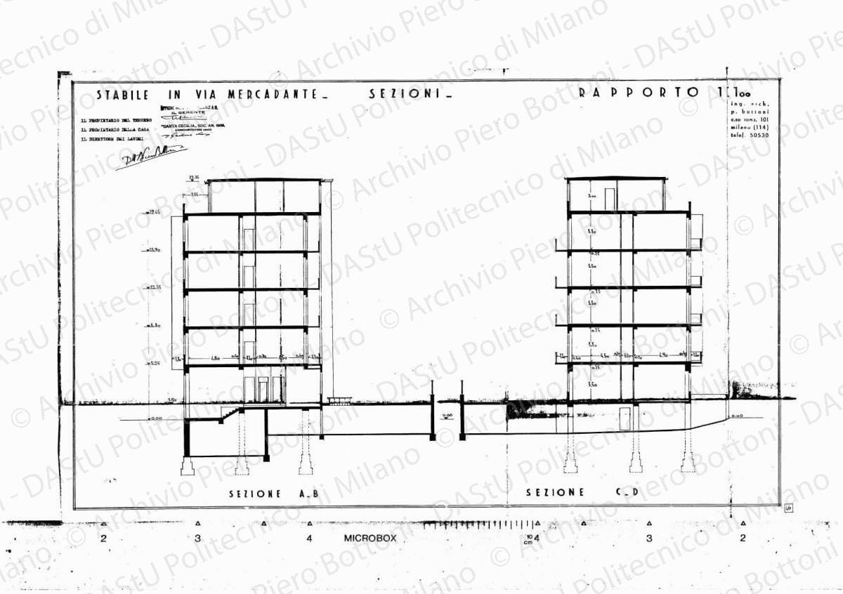 Stabile in via Mercadante, sezioni, scala 1:100, s.d. Eliografia su carta, timbrata e firmata da P. Bottoni e altri, cm 42,0 x 68,7.
