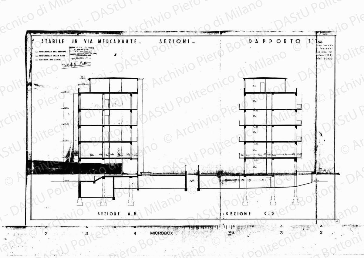Stabile in via Mercadante, sezioni, scala 1:100, s.d. Eliografia su carta, timbrata e firmata da P. Bottoni e altri, cm 42,2 x 67,7.