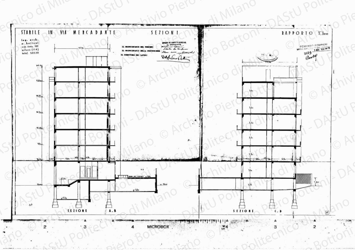 Stabile in via Mercadante, sezioni, scala 1:100, 20 agosto 1934. Eliografia su carta, timbrata e firmata da P. Bottoni e altri, cm 43.5 x 70,9.