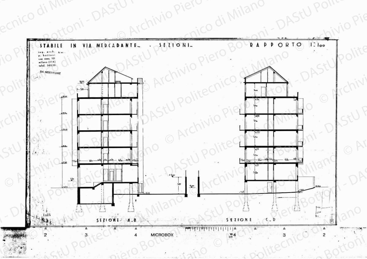 Stabile in via Mercadante, sezioni, scala 1:100, 17 settembre 1934. Eliografia su carta, cm 40,9 x 66,8.