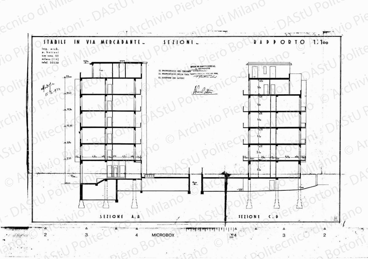 Stabile in via Mercadante, sezioni, scala 1:100, modifica 15 ottobre 1934. Eliografia su carta, cm 40,9 x66,8.