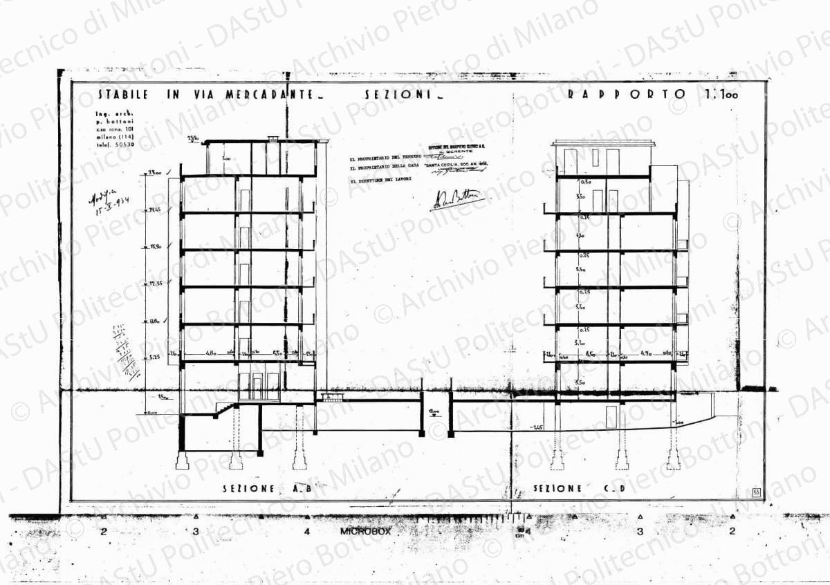 Stabile in via Mercadante, sezioni, scala 1:100, modifica 15 ottobre 1934. Eliografia su carta, timbrata e firmata da P. Bottoni e altri, cm 42,1 x 68,0.