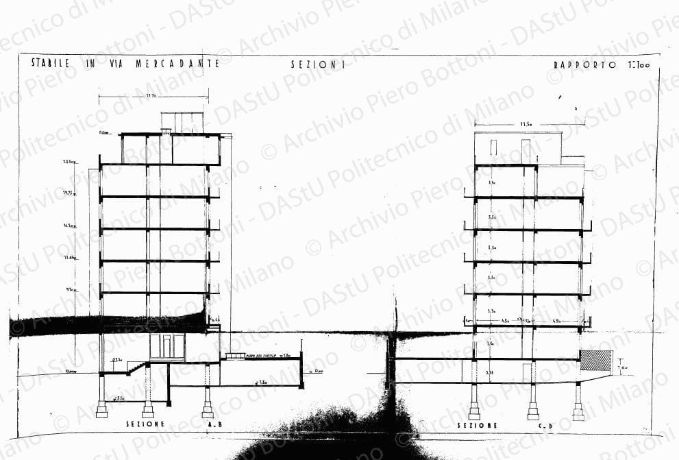 Stabile in via Mercadante, sezioni, scala 1:100, s.d. Eliografia su carta, cm 43,1 x 71,3.