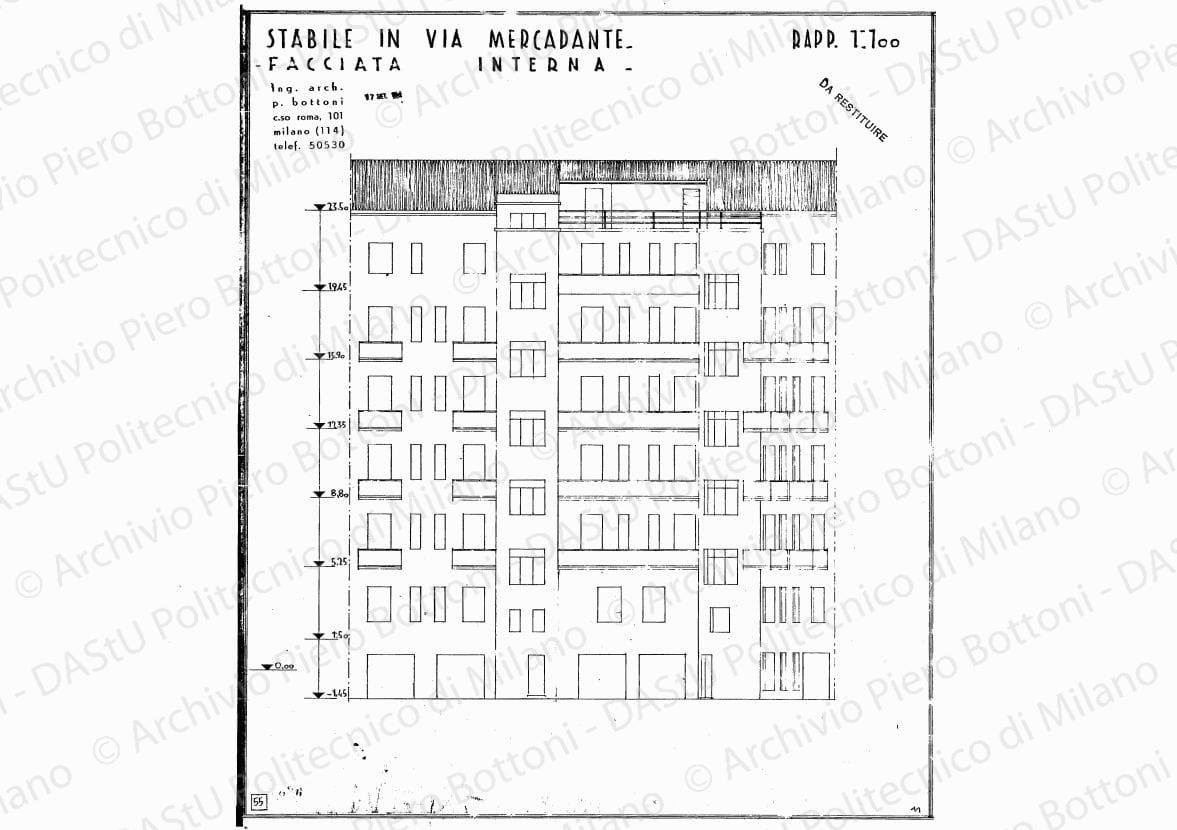 Stabile in via Mercadante, facciata interna, scala 1:100, 17 settembre 1934. Eliografia su carta, cm 43,4x 36,0.