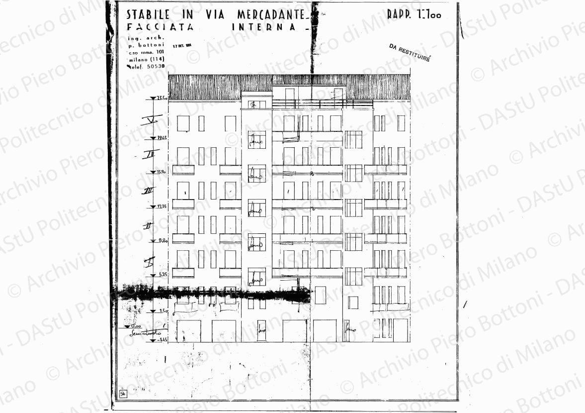 Stabile in via Mercadante, facciata interna, scala 1:100, 17 settembre 1934. Eliografia su carta, cm 42,9x 36,8. Correzioni e indicazioni a matita.