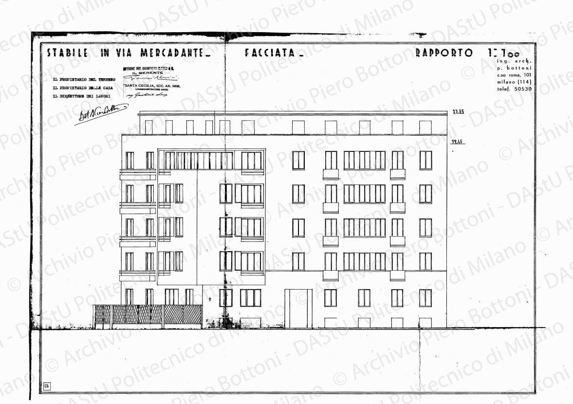 Stabile in via Mercadante, facciata, scala 1:100, s.d. Eliografia su carta, timbrata e firmata da P. Bottoni e altri, cm 39,0 x 54,6.