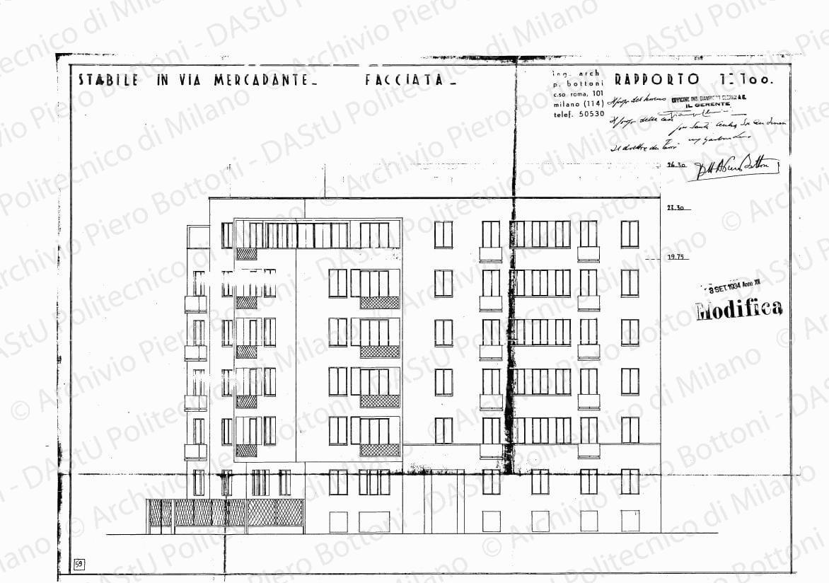 Stabile in via Mercadante, facciata, scala 1:100, modifica 3 settembre 1934. Eliografia su carta, timbrata e firmata da P. Bottoni e altri, cm 38,4 x 53,3.