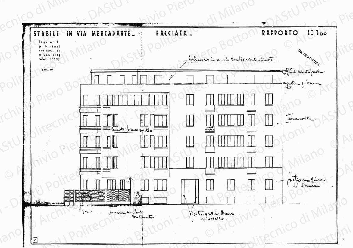 Indicazioni di finitura su: Stabile in via Mercadante, facciata, scala 1:100, 17 settembre 1934. Matita e matite colorate su eliografia su carta, cm 38,4 x 54,0.