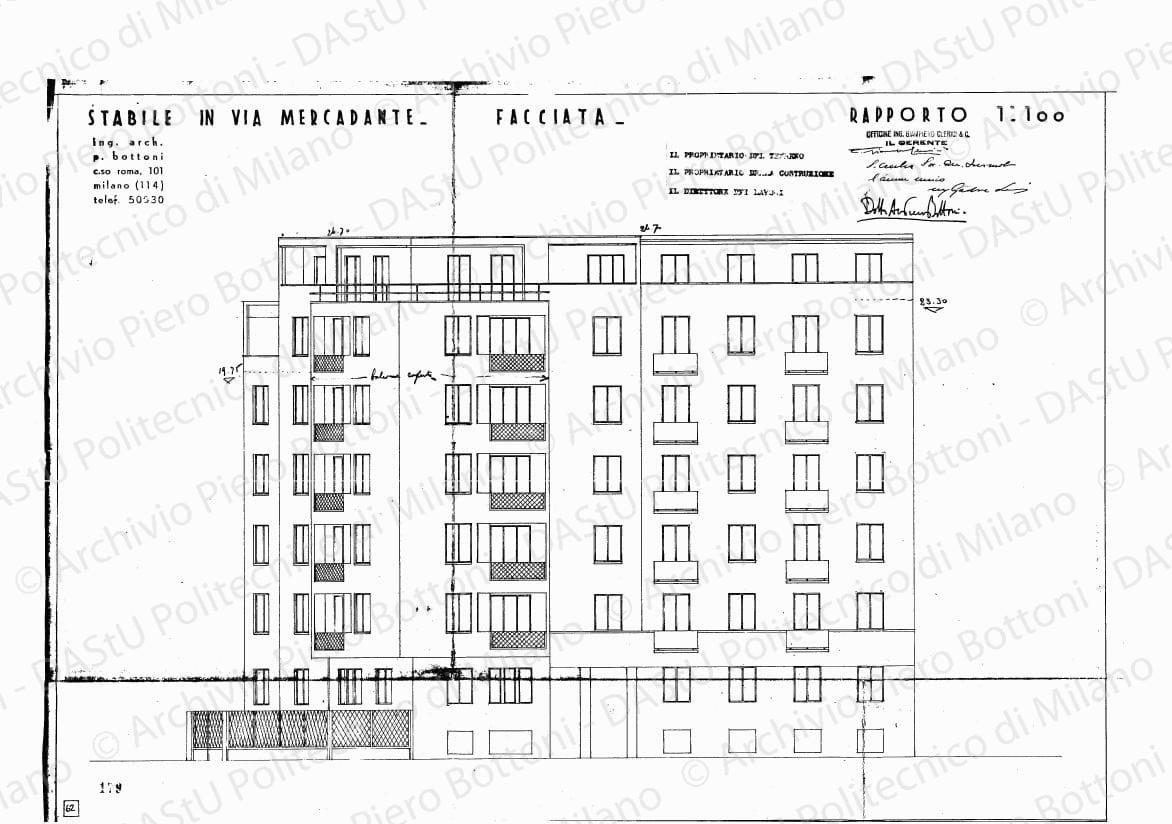 Stabile in via Mercadante, facciata, scala 1:100, s.d. Eliografia su carta, timbrata e firmata da P. Bottoni e altri, cm 38,2 x 55,2. Annotazioni a matita.