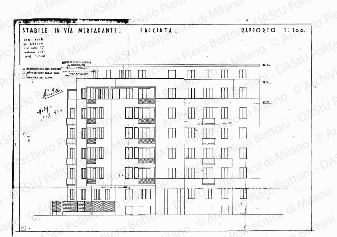 Stabile in via Mercadante, facciata, scala 1:100, modifica 15 ottobre 1934. Eliografia su carta, timbrata e firmata da P. Bottoni e altri, cm 38,9 x 54,3.