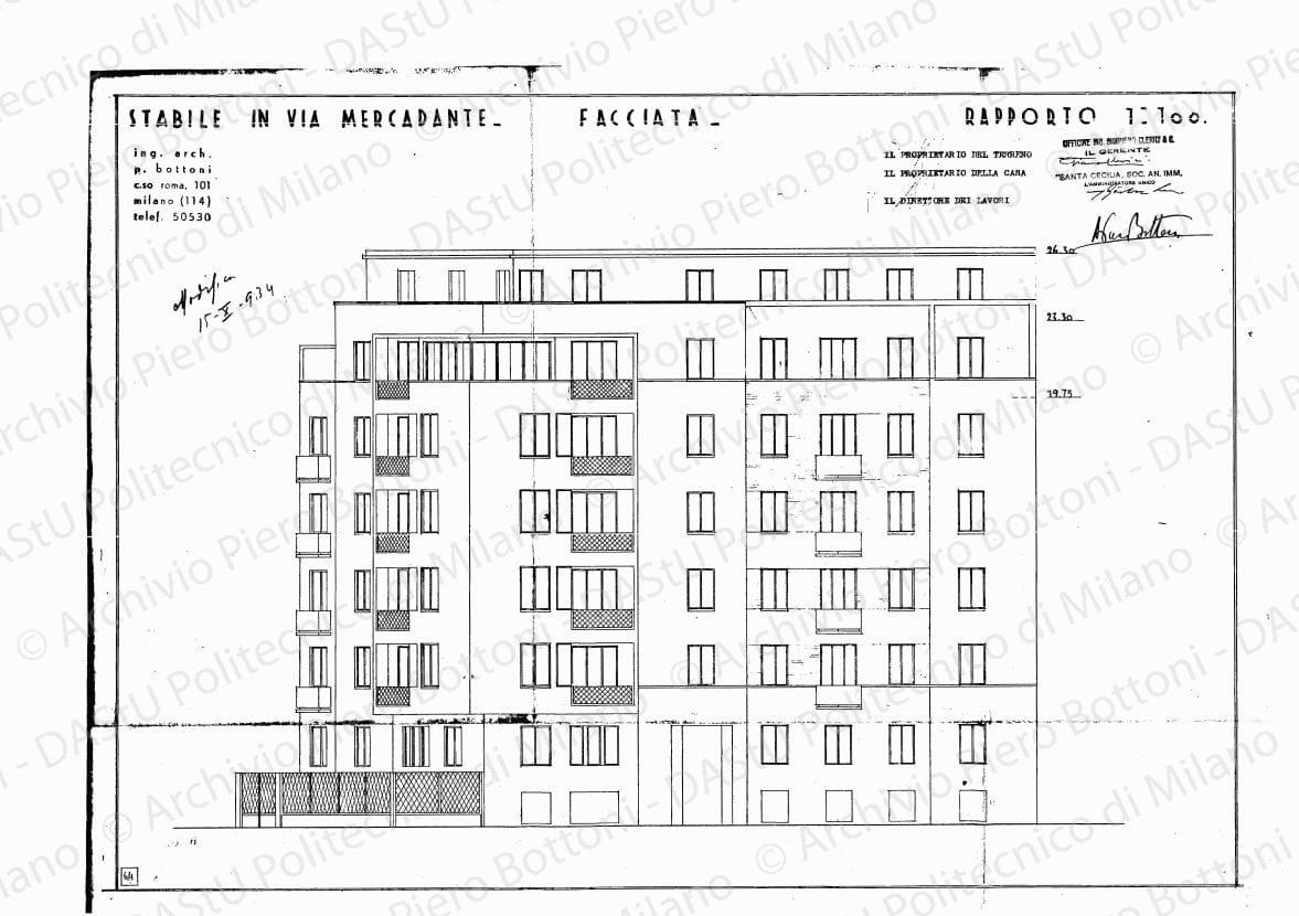 Stabile in via Mercadante, facciata, scala 1:100, modifica 15 ottobre 1934. Eliografia su carta, timbrata e firmata da P. Bottoni e altri, cm 39,3 x 54,8.