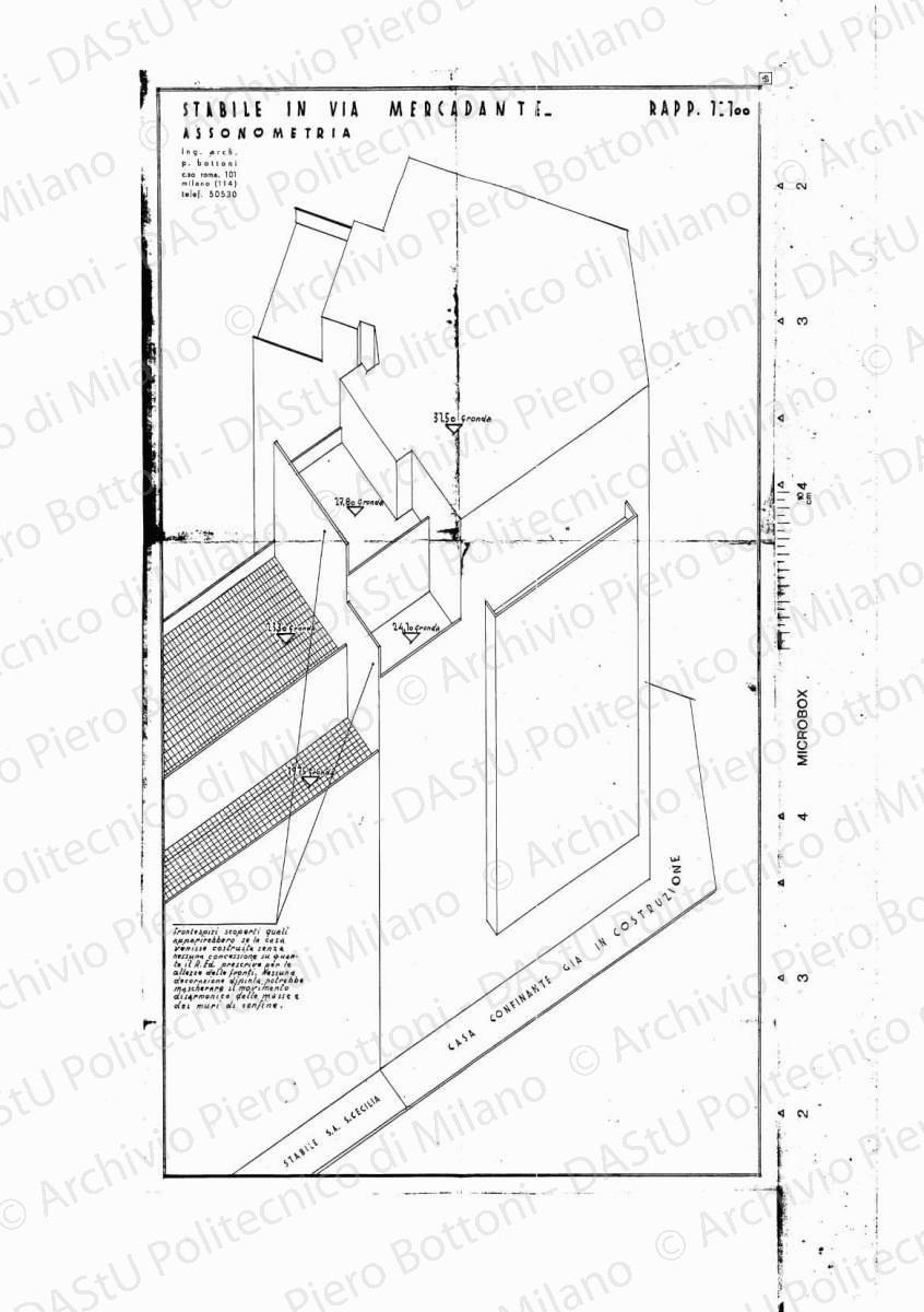 Stabile in via Mercadante, assonometria, scala 1:100, s.d. Eliografia su carta, cm 72,4 x 41,0.