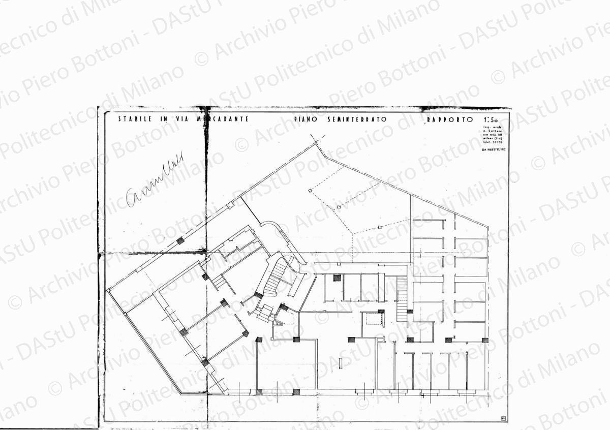 Stabile in via Mercadante, piano seminterrato, scala 1:50, s.d. Eliografia su carta, cm 62,6 x 80,5. Annotazione manoscritta: annullato.