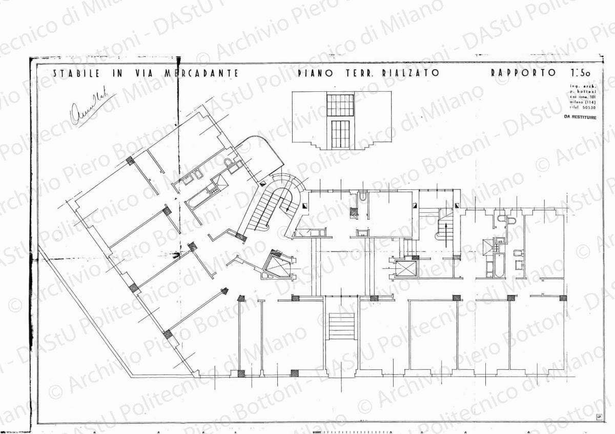 Stabile in via Mercadante, piano terr. rialzato, scala 1:50, s.d. Eliografia su carta, cm 51,8 x 79,8. Annotazione manoscritta: annullato.