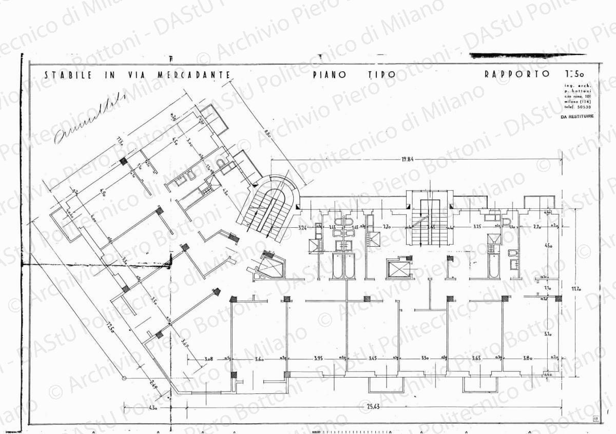 Stabile in via Mercadante, piano tipo, scala 1:50, s.d. Eliografia su carta, cm 51,8 x 80,0. Annotazione manoscritta: annullato.