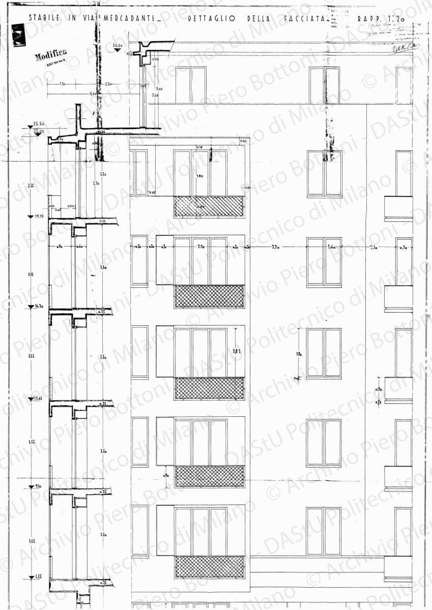 Stabile in via Mercadante, dettaglio della facciata, scala 1:20, modifica 3 settembre 1934. Eliografia su carta, timbrata e firmata da P. Bottoni e altri, cm 164,8 x 85,0.