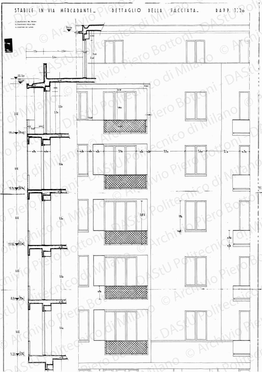 Stabile in via Mercadante, dettaglio della facciata, scala 1:20, s.d. Eliografia su carta, cm 164,5 x 83,4.