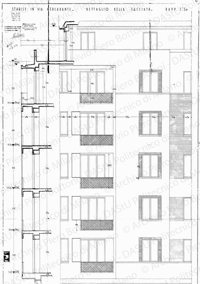Stabile in via Mercadante, dettaglio della facciata, scala 1:20, modifica 15 ottobre 1934. Eliografia su carta, timbrata e firmata da P. Bottoni e altri, cm 164,7 x 84,3.
