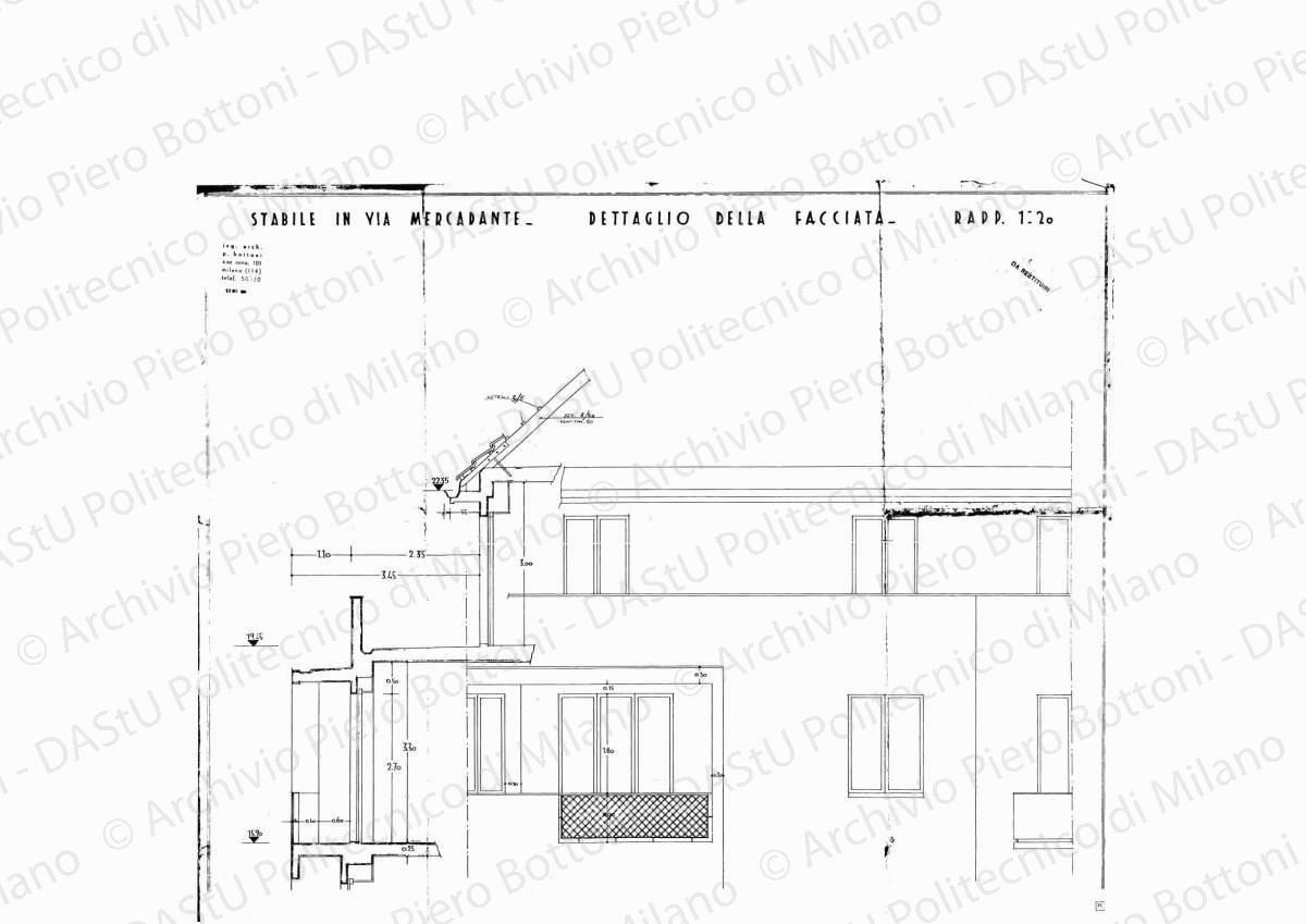 Stabile in via Mercadante, dettaglio della facciata, scala 1:20, 17 settembre 1934. Eliografia su carta, cm 67,8 x 83,4.