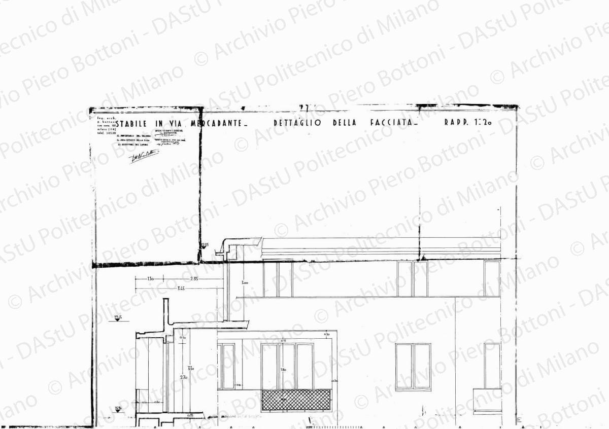 Stabile in via Mercadante, dettaglio della facciata, scala 1:20, s.d. Eliografia su carta, timbrata e firmata da P. Bottoni e altri, cm 63,2 x 83,4.