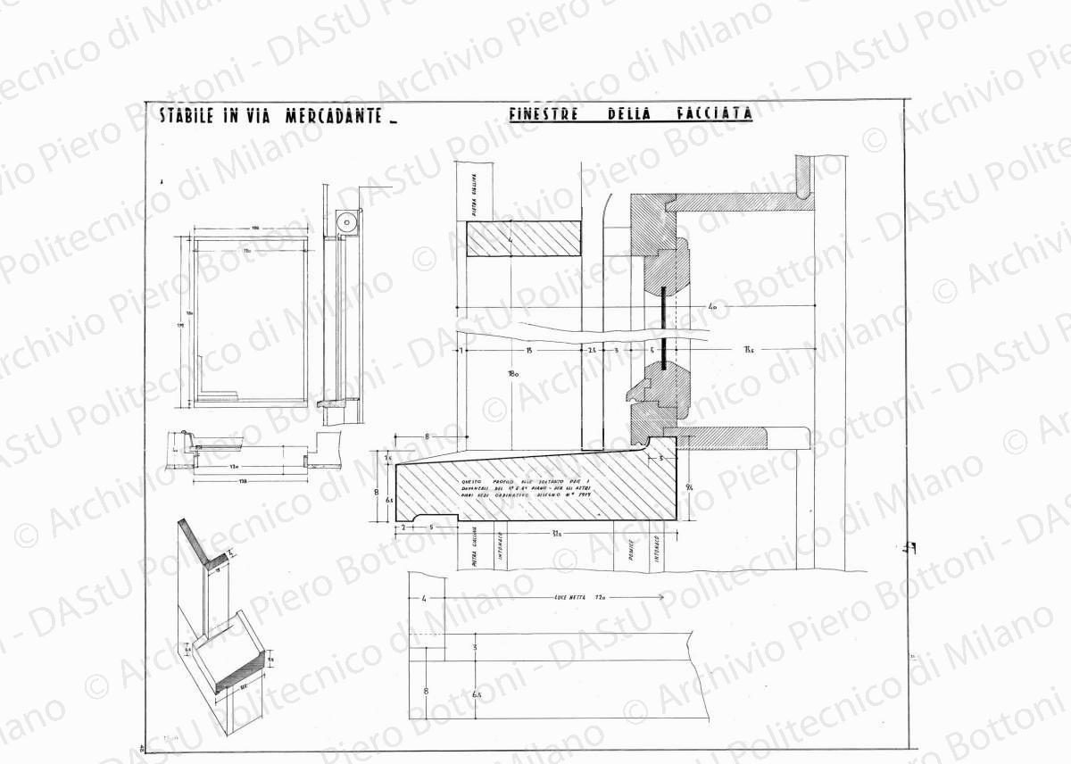 Stabile in via Mercadante, finestre della facciata, scala 1:1, 1:10, 18 gennaio 1935. Eliografia su carta, cm 74,5 x 87,4.