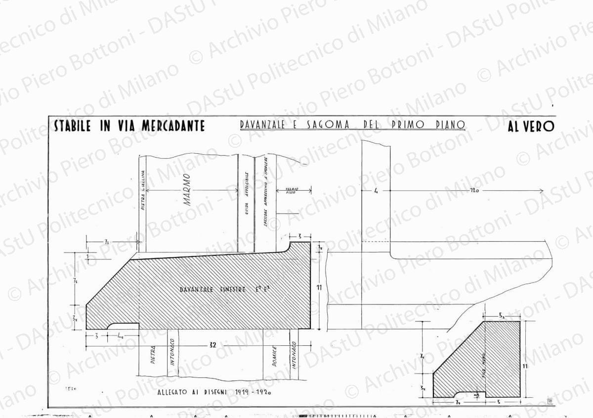 Stabile in via Mercadante, davanzale e sagoma del primo piano, scala 1:1, 1:10, 18 gennaio 1935. Eliografia su carta, cm 44,8 x 72,6.
