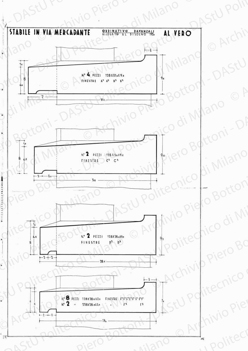 Stabile in via Mercadante, ordinativo davanzali, scala 1:1, s.d. Eliografia su carta, cm 76,7 x 49,9.