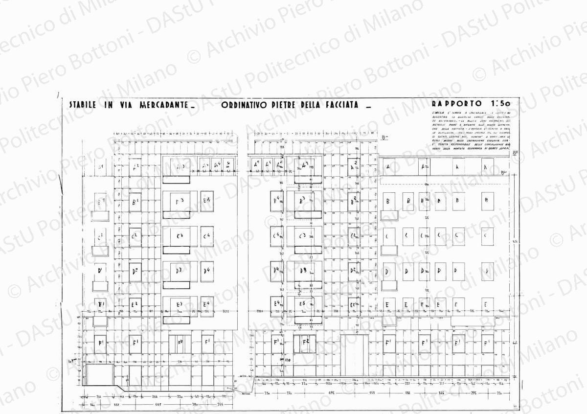 Stabile in via Mercadante, ordinativo pietre della facciata, scala 1:50, 18 gennaio 1935. Eliografia su carta, cm 65,4 x 94,3. Indicazioni a matita marrone.