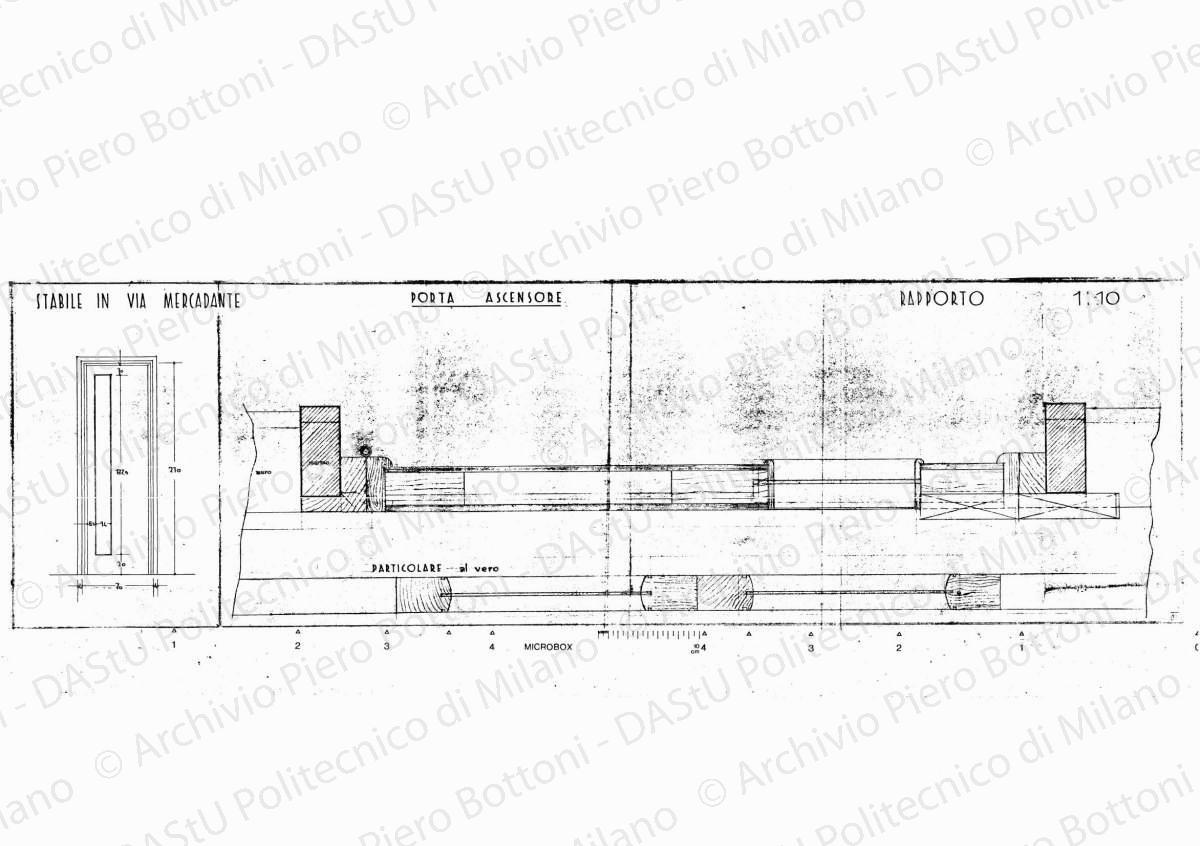 Stabile in via Mercadante, porta ascensore, scala 1:1, 1:10, s.d. Eliografia su carta, cm 34,7 x 116,3.