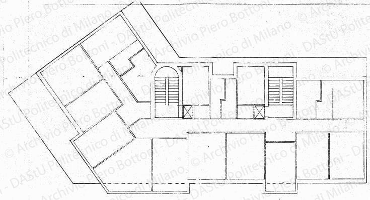 Studio di pianta piano tipo, scala 1:50, s.d. Matita su lucido, cm 44,9x80,0. 