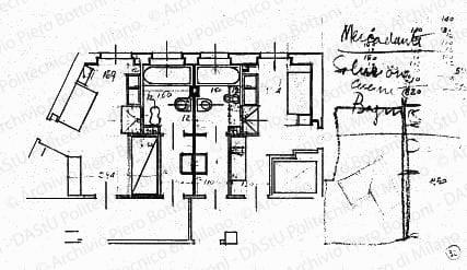 Mercadante, soluzione cucina-bagno, studio pianta, scala 1:50, s.d. Matita e china su lucido, cm 17,0x31,6. 