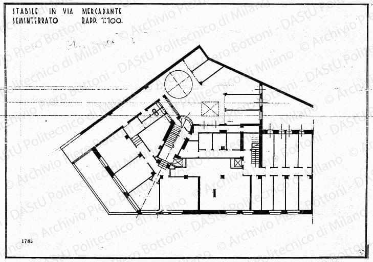 Stabile in via Mercadante, pianta seminterrato, scala 1:100, prot. 1783, s.d. China su lucido, cm 37,9x54,5. Annotazione manoscritta: Antiquato. 