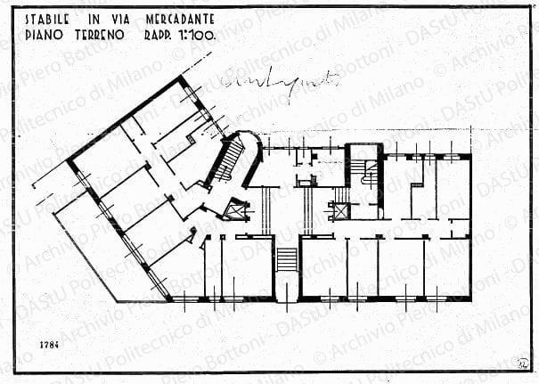 Stabile in via Mercadante, pianta piano terreno, scala 1:100, prot. 1784, s.d. China su lucido, cm 33,4x46,6. Annotazione manoscritta: Antiquato. 
