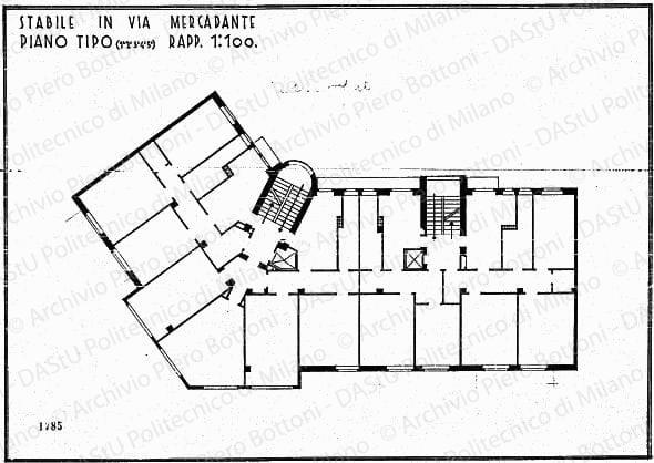 Stabile in via Mercadante, pianta piano tipo (1, 2, 3, 4, 5), scala 1:100, prot. 1785, s.d. China su lucido, cm 31,8x46,5. Annotazione manoscritta: Antiquato. 