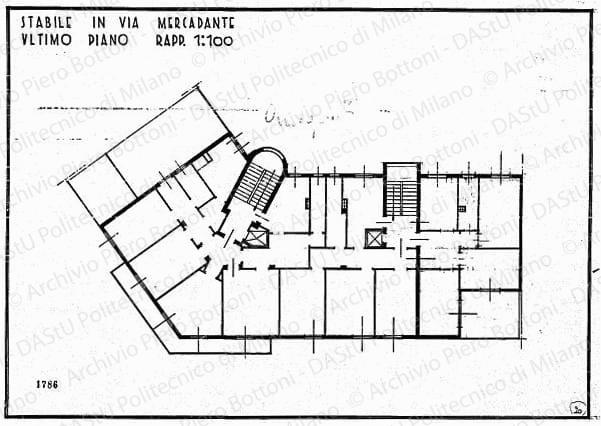 Stabile in via Mercadante, pianta ultimo piano, scala 1:100, prot. 1786, s.d. China su lucido, cm 32,7x45,0. Correzioni a matita. Annotazione manoscritta: Antiquato. 