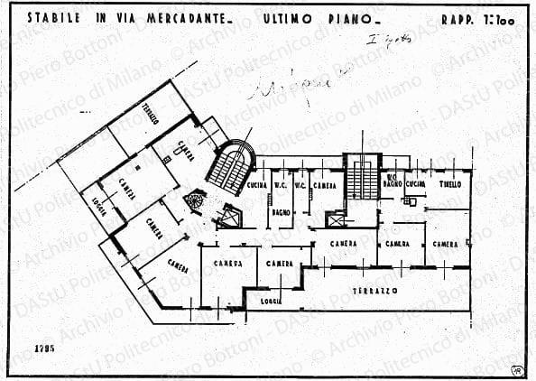 Stabile in via Mercadante, pianta ultimo piano, scala 1:100, prot. 1795, s.d. China su lucido, cm 34,6x46,8. Annotazioni manoscritte: I progetto, antiquato. 