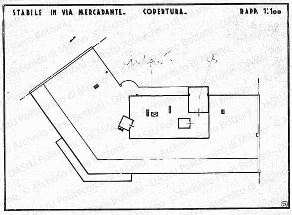Stabile in via Mercadante, pianta copertura, scala 1:100, s.d. China su lucido, cm 32,4x44,8. Annotazione manoscritta: Antiquato. 