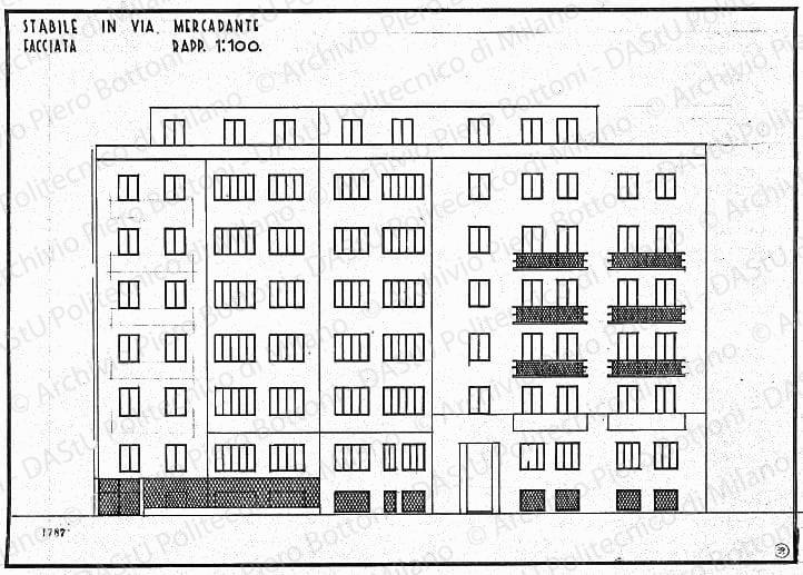Stabile in via Mercadante, facciata, scala 1:100, prot. 1787, s.d. China su lucido, cm39,4x56,3. Correzioni a matita. 