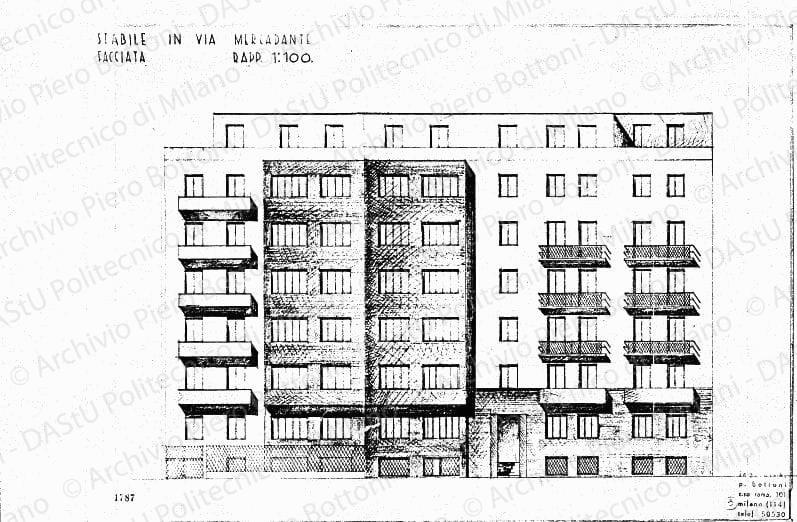 Studio di modifica su: Stabile in via Mercadante, facciata, scala 1:100, prot. 1787, s.d. Matita e matita rosso mattone su eliografia su carta, cm 37,6x53,9. 