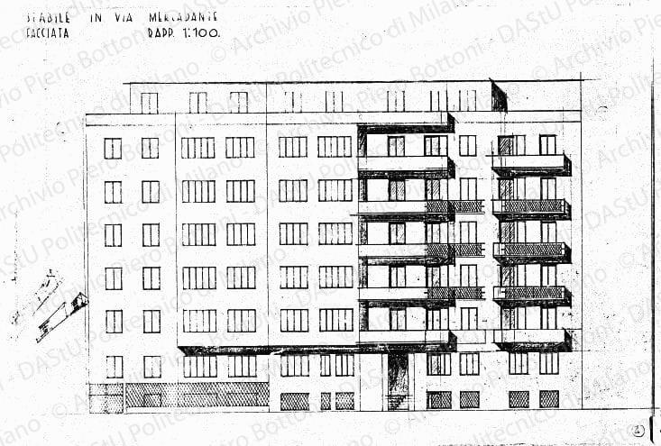 Studio di modifica su: Stabile in via Mercadante, facciata, scala 1:100, s.d. Matita su eliografia su carta, cm 36,0x54,5. 