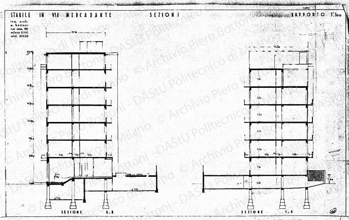 Studio di modifiche su: Stabile in via Mercadante, sezioni, scala 1:100, prot. 1789, s.d. Matita su eliografia su carta, cm 43,3x68,2. 