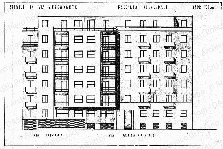 Stabile in via Mercadante, facciata principale, scala 1:100, s.d. China e matita su lucido, cm 34,3x52,5. 