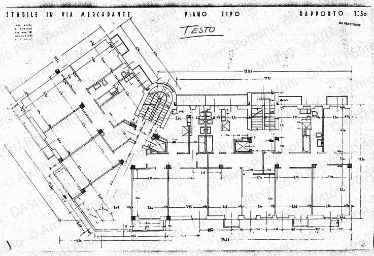 Rettifica di misure su: Stabile in via Mercadante, pianta piano tipo, scala 1:50, 17 settembre 1934. Matita su eliografia su carta, cm 49,5x75,6. 