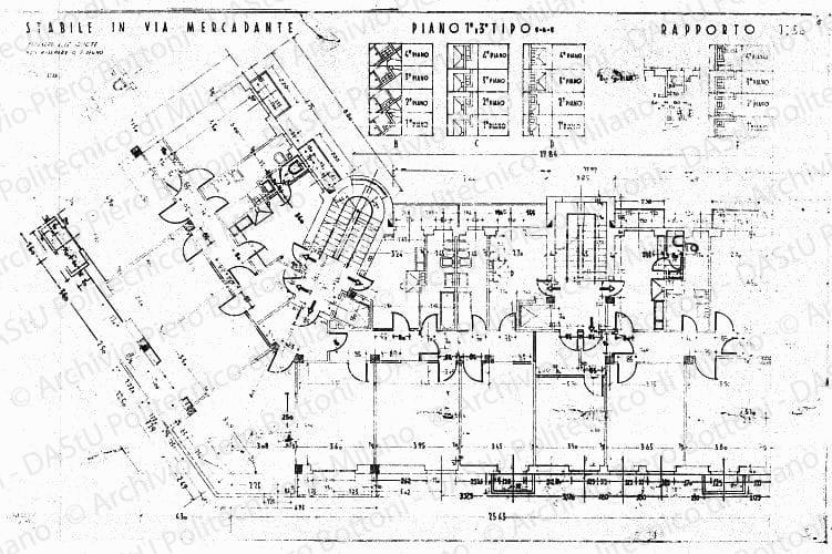 Stabile in via Mercadante, pianta piano 1 e 3, tipo 5-6-5, scala 1:50, prot. 1790, 25 ottobre 1934. China su eliografia su lucido, cm 49,3x77,0. 