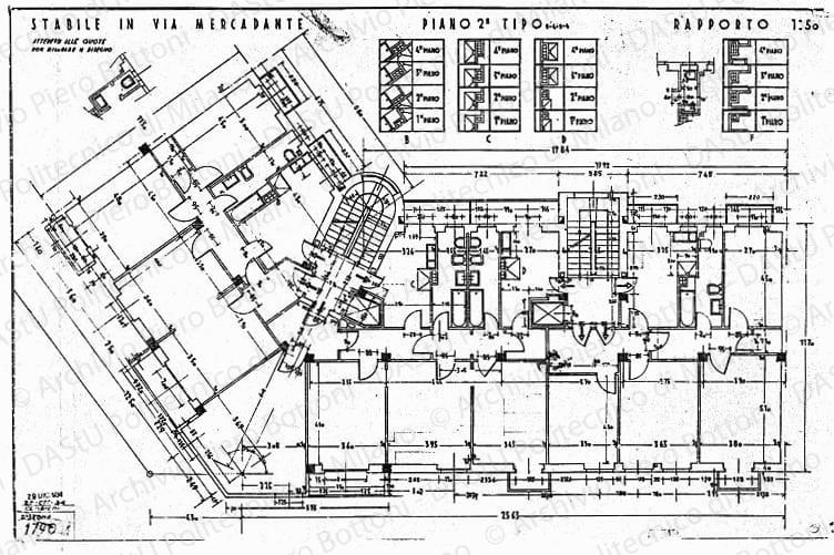Stabile in via Mercadante, pianta piano 2, tipo 5-4-3-4, scala 1:50, prot. 1790, aggiornato 29 dicembre 1934. China su lucido, cm 49,5x76,7. 
