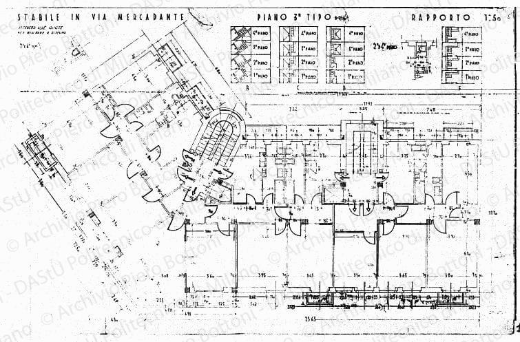 Stabile in via Mercadante, pianta piano 3, tipo 5-7-4, scala 1:50, 25 ottobre 1934. China su eliografia su lucido, cm 49,2x77,0. 