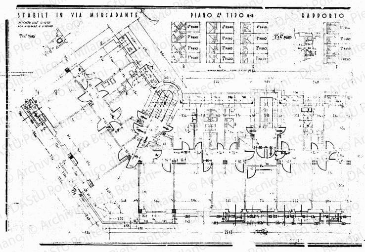 Stabile in via Mercadante, pianta piano 4, tipo 8-8, scala 1:50, aggiornato 29 dicembre 1934. China su eliografia su lucido, cm 50,3x75,0. 
