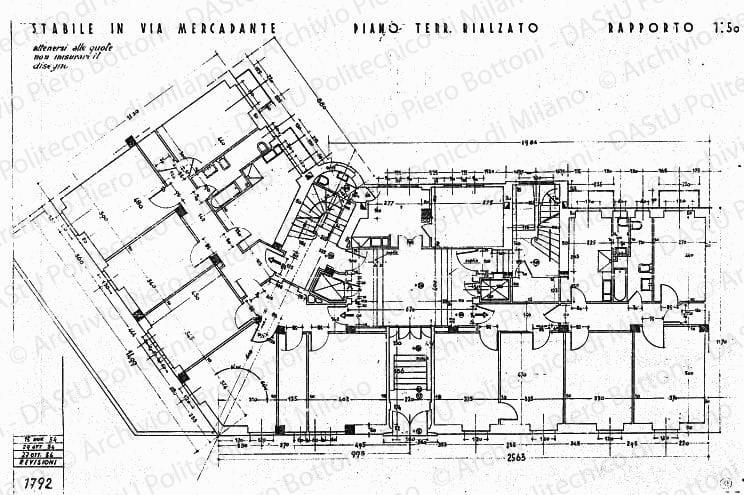 Stabile in via Mercadante, pianta piano terr. rialzato, scala 1:50, prot. 1792, 15 novembre 1934. China su lucido, cm 48,8x75,5. 