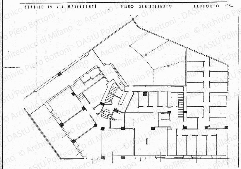 Stabile in via Mercadante, pianta piano seminterrato, scala 1:50, s.d. China e matita su lucido, cm 59,0x76,7. 